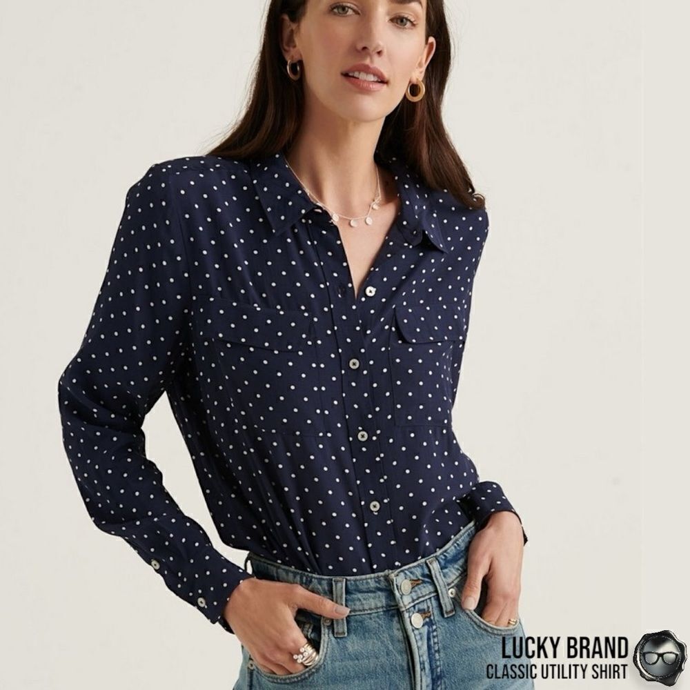 LUCKY BRAND CLASSIC UTILITY BUTTON DOWN SHIRT IN NAVY WHITE DOTS WOMEN’S SIZE M - Picture 6 of 14